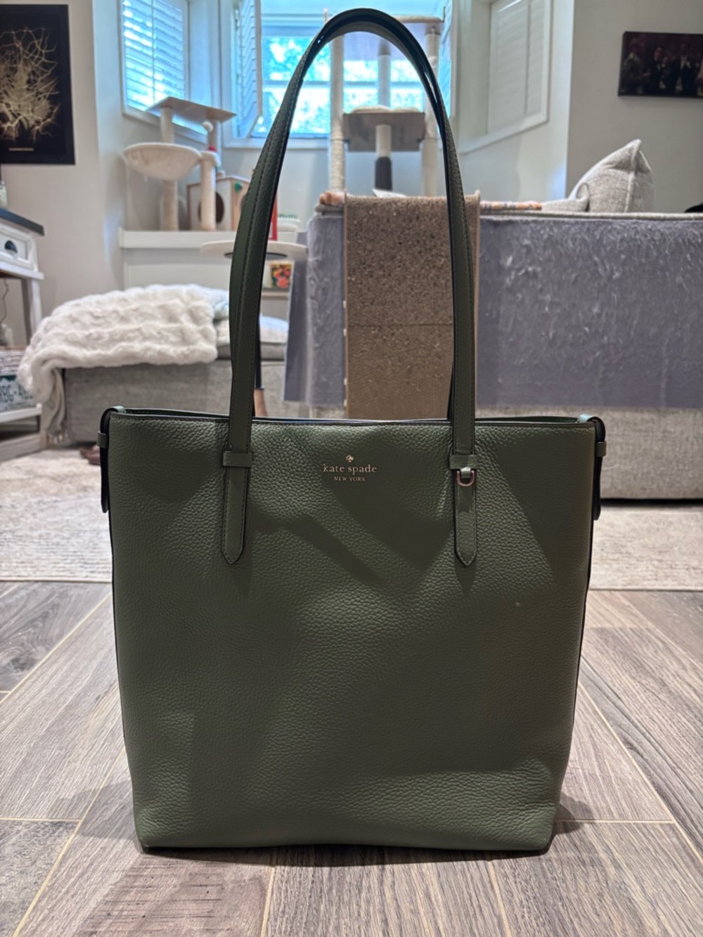 kate spade Olive Pebbled Leather Tote with Gold Logo